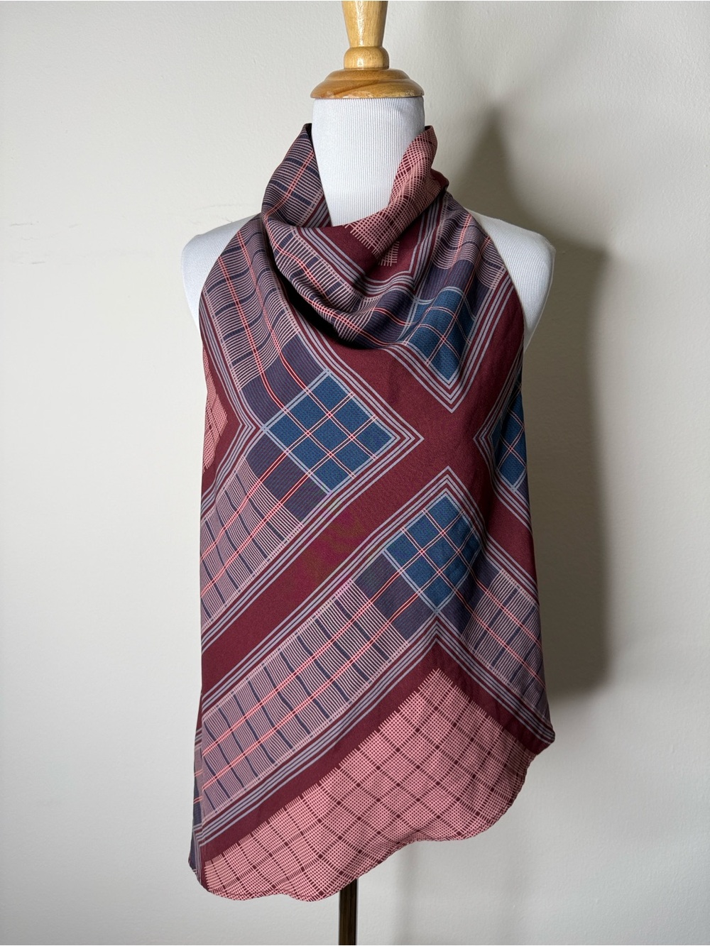 Zara Maroon and Navy Geometric Plaid Scarf Halter Top